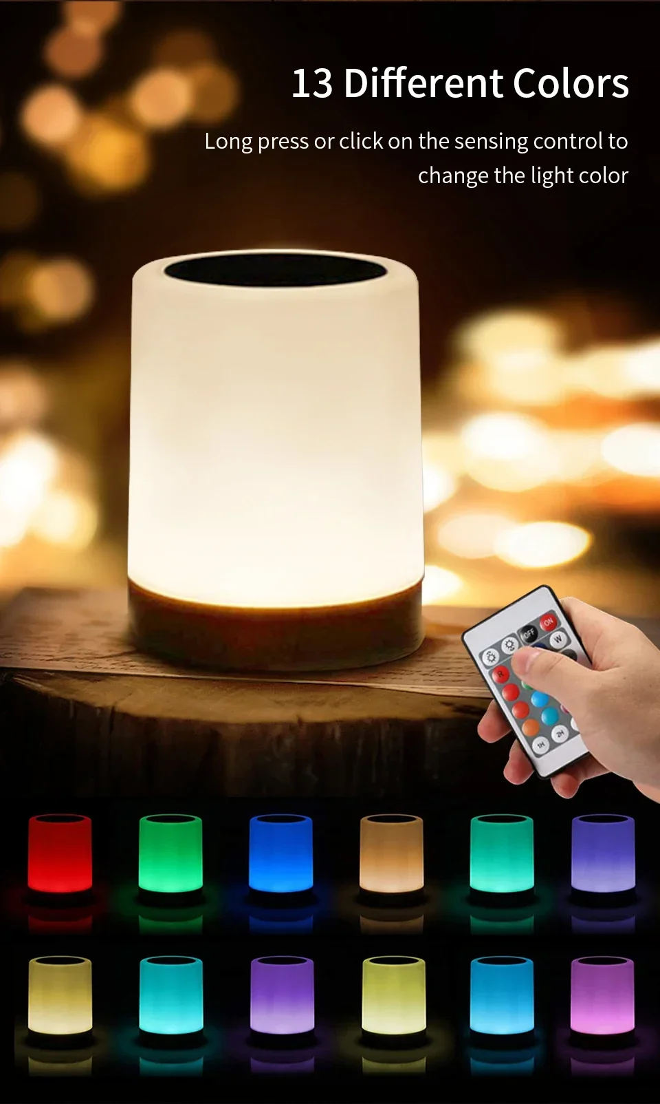 Description Picture 5 of itemLED Night Light 13 Colors RGB Remote Control Table Lamp Dimmable Rechargeable Touch Lamp Bedroom Bedside Room Decor Night Lamp