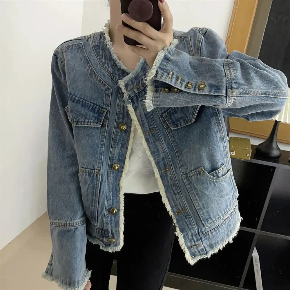 

Fashion Elegant Denim Jacket Women 2023 New Spring Autumn Long Sleeve Loose Casual Burr Jeans Coat Female Short Cowboy Outerwear