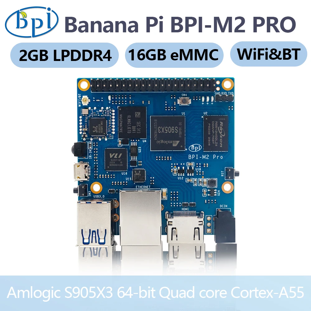 Banana pi Bpi-m2 Pro Amlogic S905x3 Quad Core Cortex-a55 Mali-g31 Placa de Demonstração 2gb Lpddr4 16gb Emmc com Wifi bt Sbc Única Placa