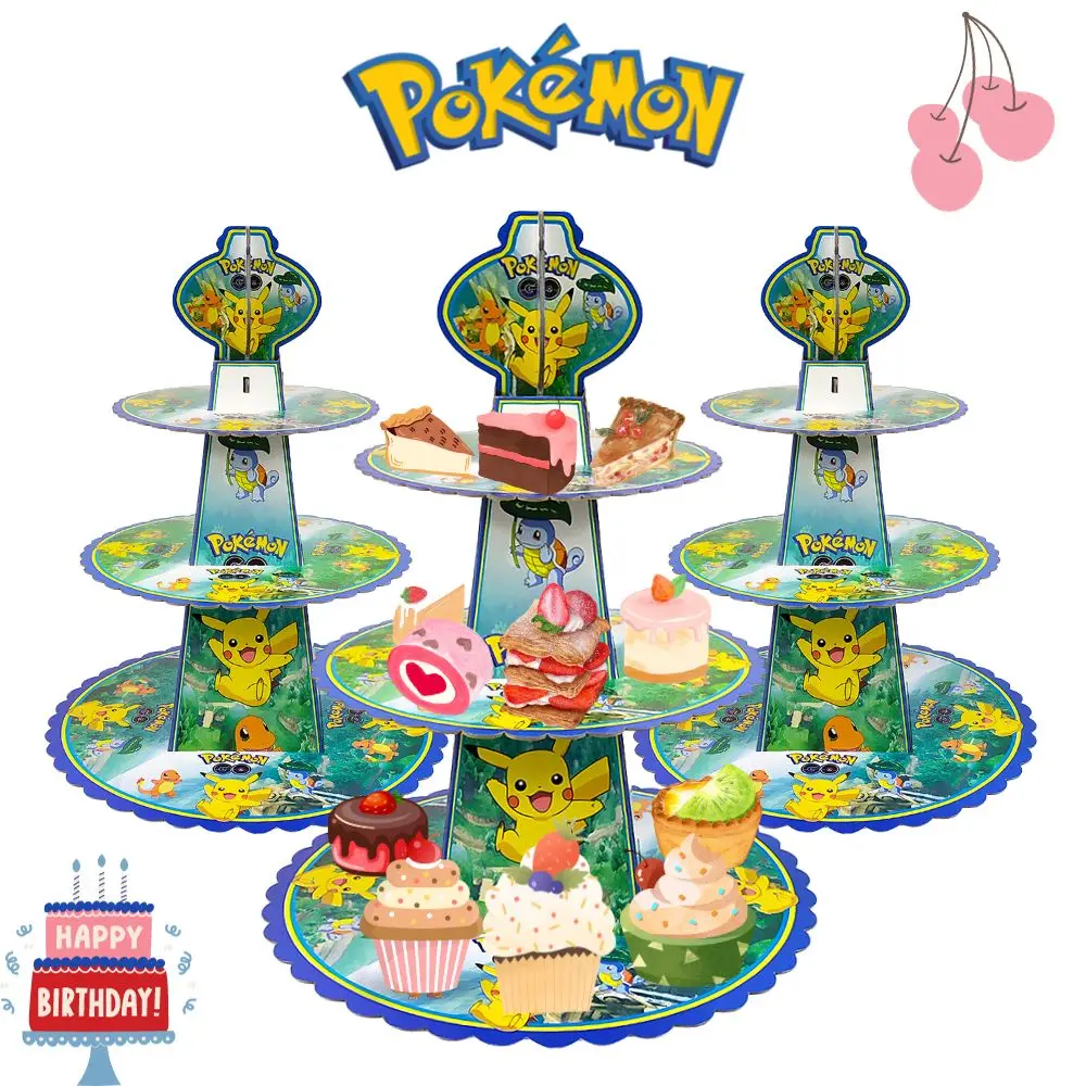 1PCS Pokémon Cartoon Paper Cake Stand Cute Anime Toy Figure Pikachu Dessert Stand Birthday Party Christmas Pokemon Home Decor 18cm cute angry pikachu pvc action figure anime cartoon pokemon figurine collection model kids toys christmas birthday gifts