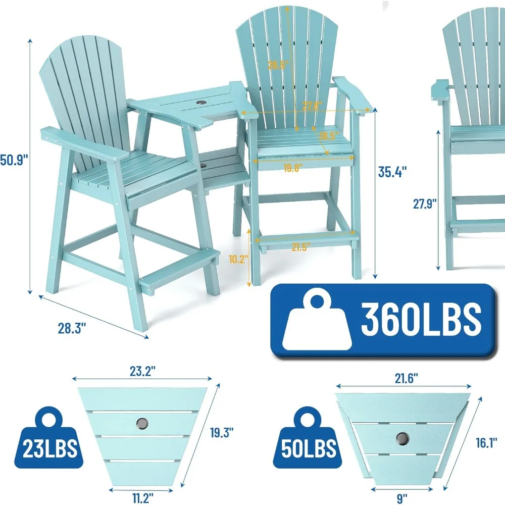 Tall Adirondack Chairs Set of 2,Recycled Poly Balcony Chair with Double Connecting Tray Patio Stools Weather Resistant 3