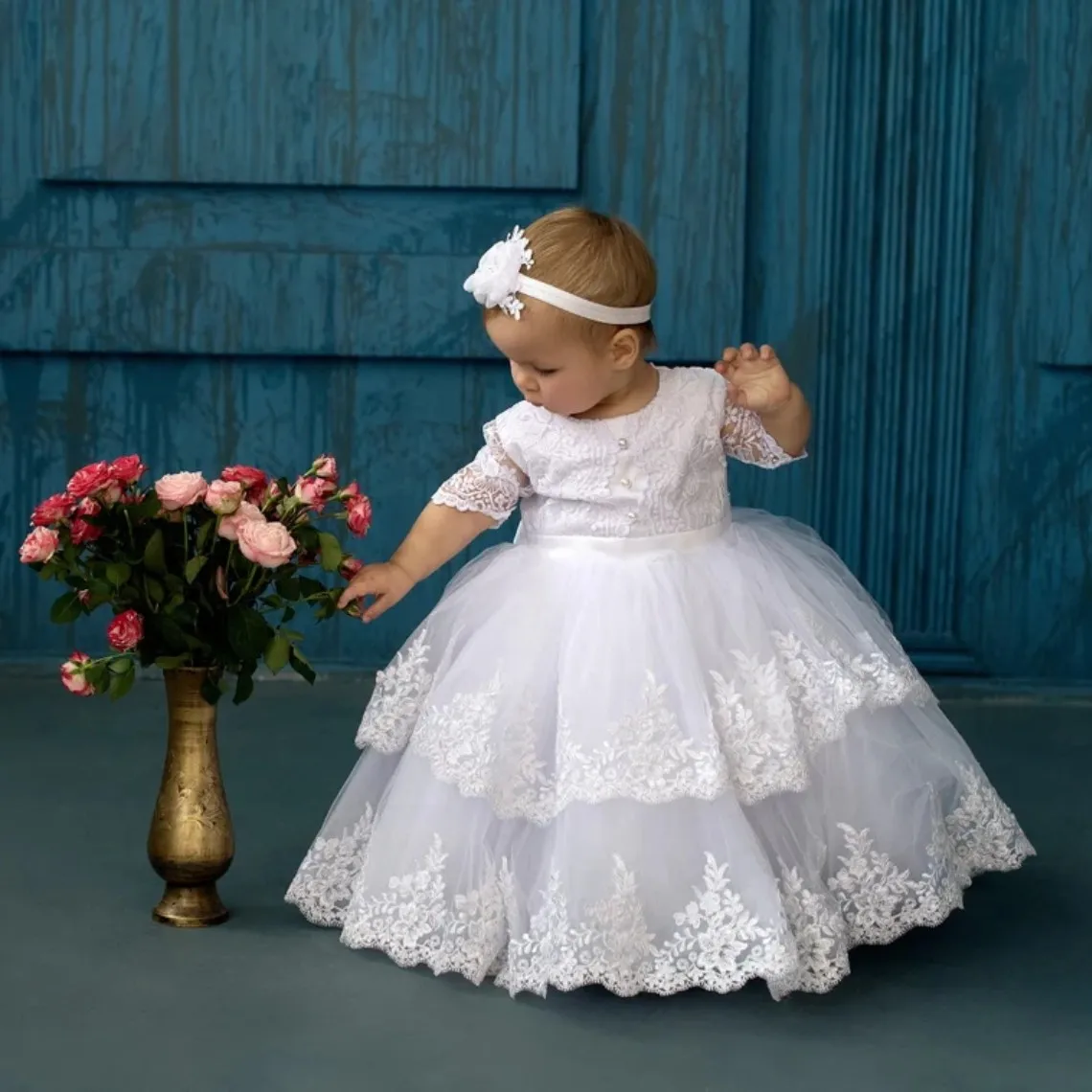 

White Toddler First Communion Gown Lace Appliques Flower Girl Dresses Long Wedding Party 1st Birthday Dresses for Baby Girl