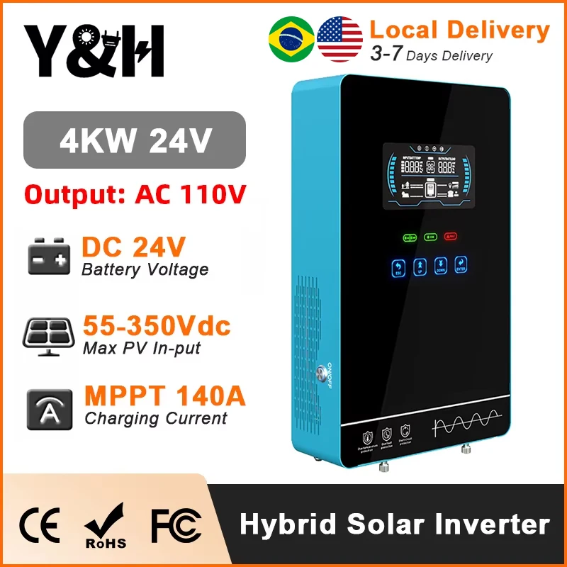 Y & H 4KW HYBRID SOLAR INVERTER 24V 110V PURE Sine WAVE แบตเตอรี่ฟรีราคาเริ่มต้นที่ Built MPPT 140A Solar Charger พลังงานแสงอาทิตย์ระบบ BMS/WiFi 1