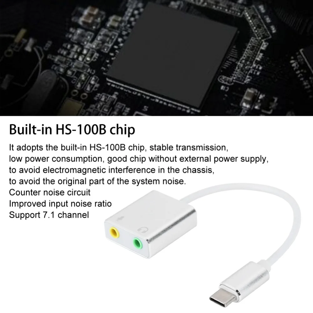 7.1 채널 USB 사운드 카드 3.5mm 여성용 알루미늄 합금 Type-C - 3.5mm 오디오 어댑터 드라이브 없이 플러그 앤 플레이 가능