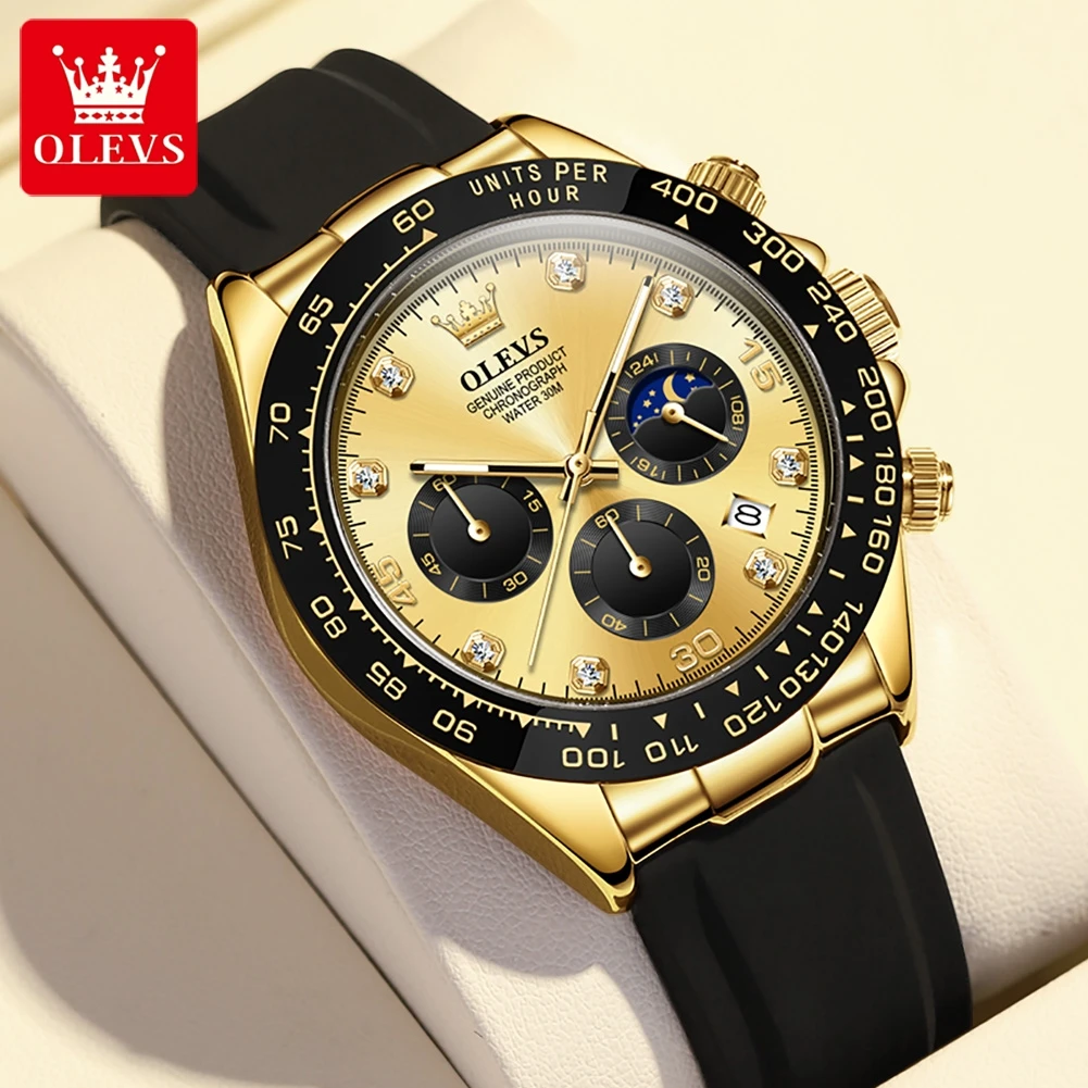 

OLEVS Luxury Brand Men's Quartz Watches Comfortable Silicone Strap Chronograph Moon-phase Date Waterproof Sport Watch for Men