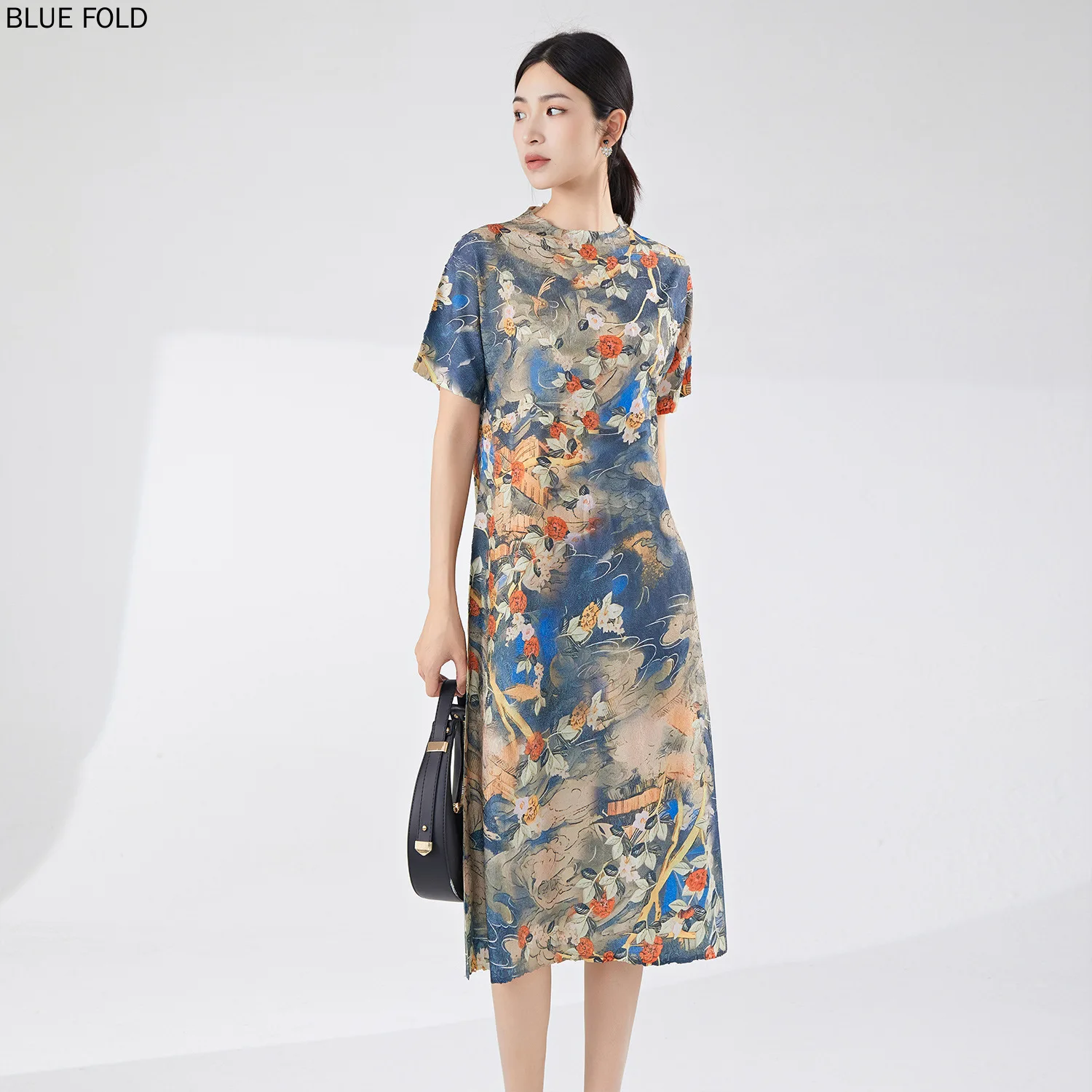 

Miyake Dress Women's High-end Summer New Style Retro Printed Loose Large Size Short-sleeved Fashion Mid-length Dress Elegant