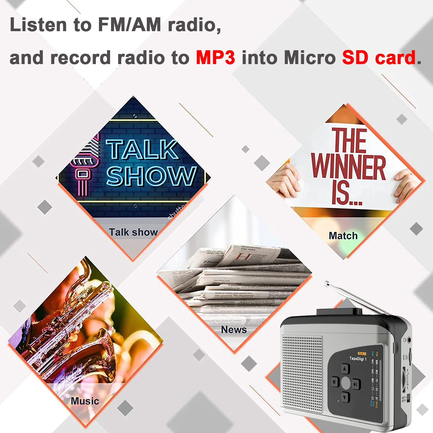 Ezcap Original Multifunction cassette player Walkman Cassette Player with AM/FM Radio,Cassette To MP3 Converter Save To TF Card,No Need Computer