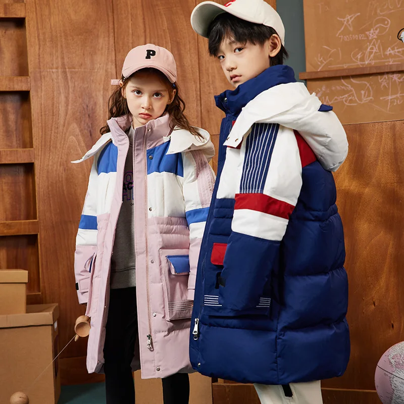 

2022 New fashion children's winter clothing Boys warm duck down long coat Girls pink color matching down jacket 90% down Thicken