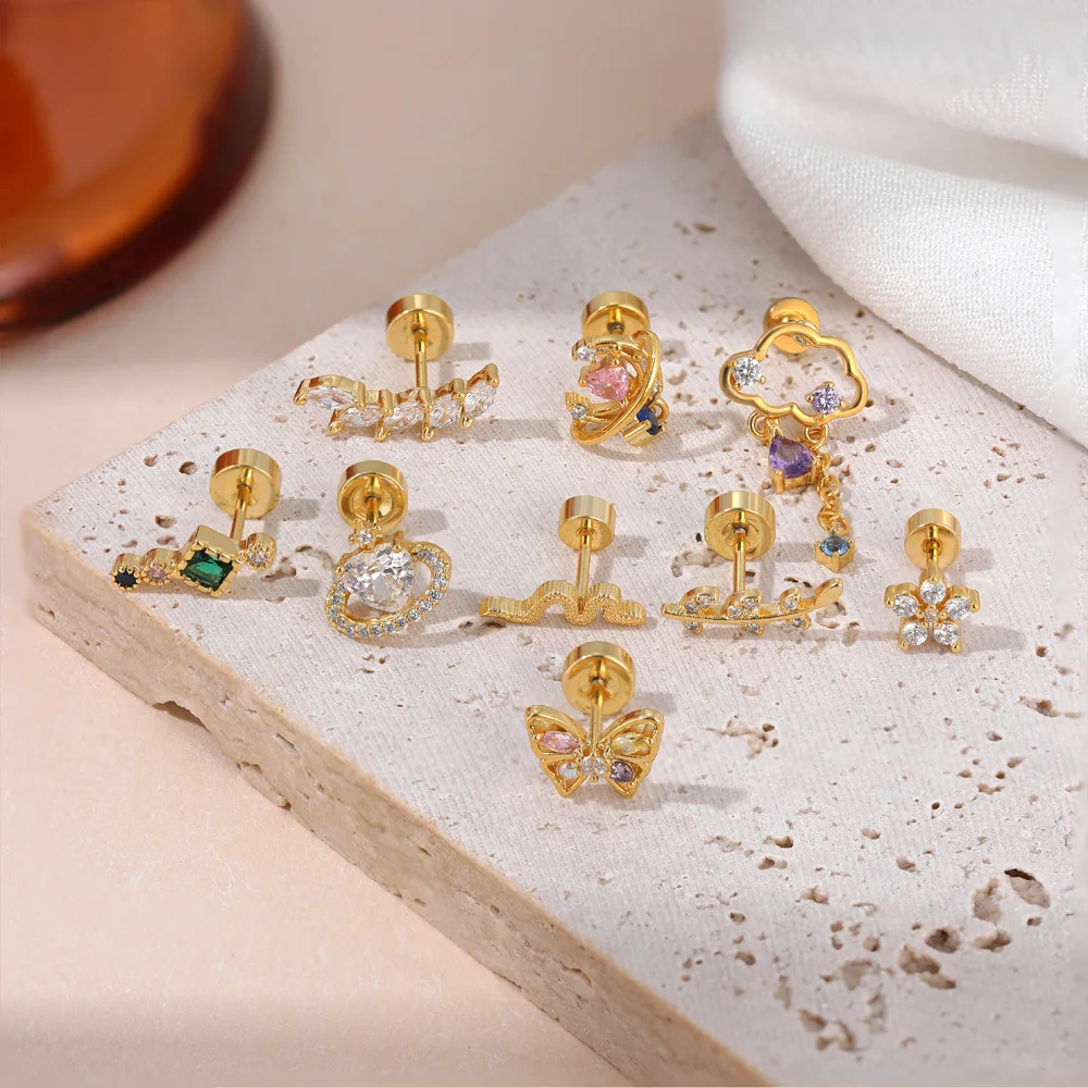 Personality Geometric CZ Zircon Navel Piercing Cute Mini Butterfly Flower Sparkle Crystal Stud Earrings Stainless Steel Jewelry