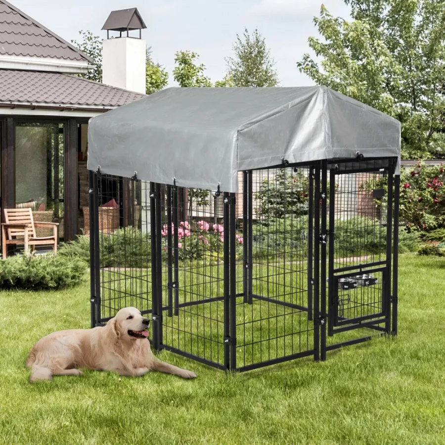 Heavy Duty Dog House Pen with Roof Reversible Feeding Door Stainless Steel Bowls Fence Cage Small to Large Dogs Kennel Outdoor