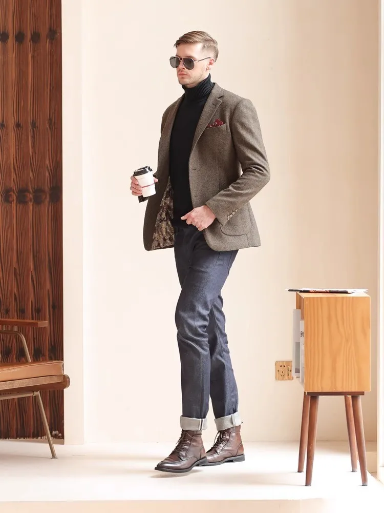 Herbst und Winter verdickter Retro-Anzug aus grober Wolle, Business-Casual, britischer Stil, Anzugjacke mit Fischgrätenmuster für Herren – Detail 8