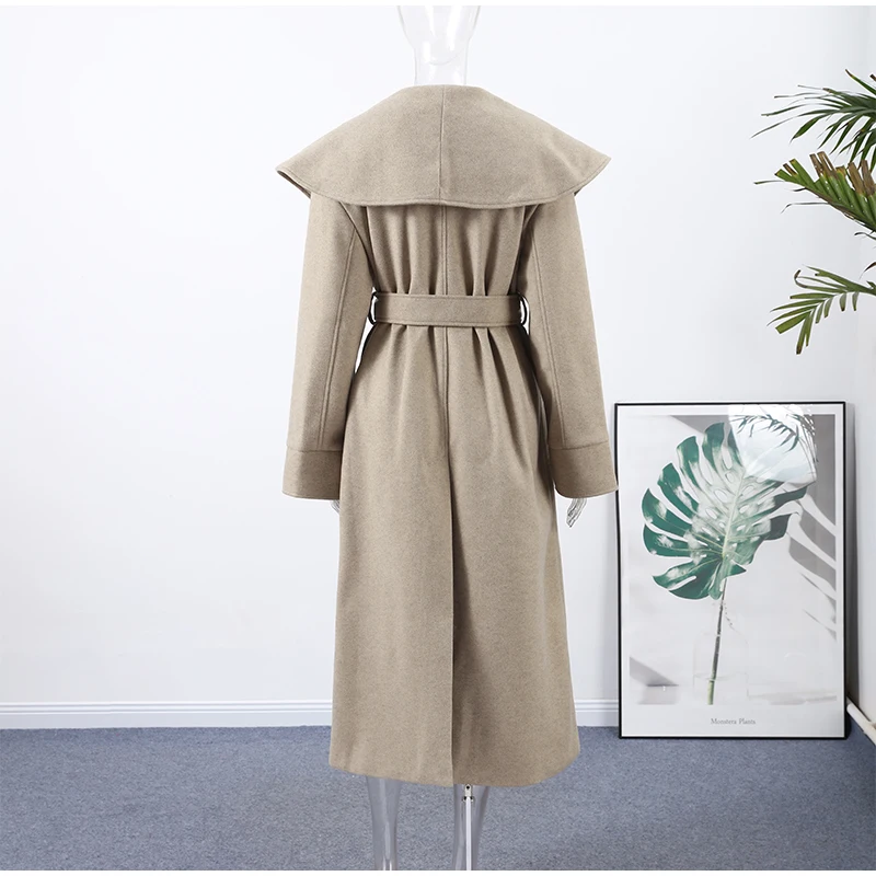 Solide Große Revers Gürtel Lange Woolen Frauen Mantel Elegante Volle Hülse Spitze Up Mantel 2025, Herbst Winter Wrap Stil Oberbekleidung – Detail 2