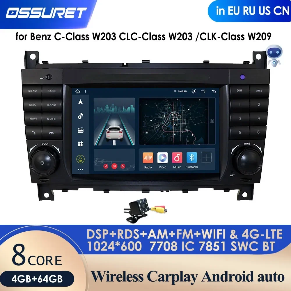 

Автомагнитола на Android, видеоплеер для Mercedes Benz C-Class C180 C200 W203 CLC-класс, CLK-класс W209 LK200 C230 GPS Carplay Stereo