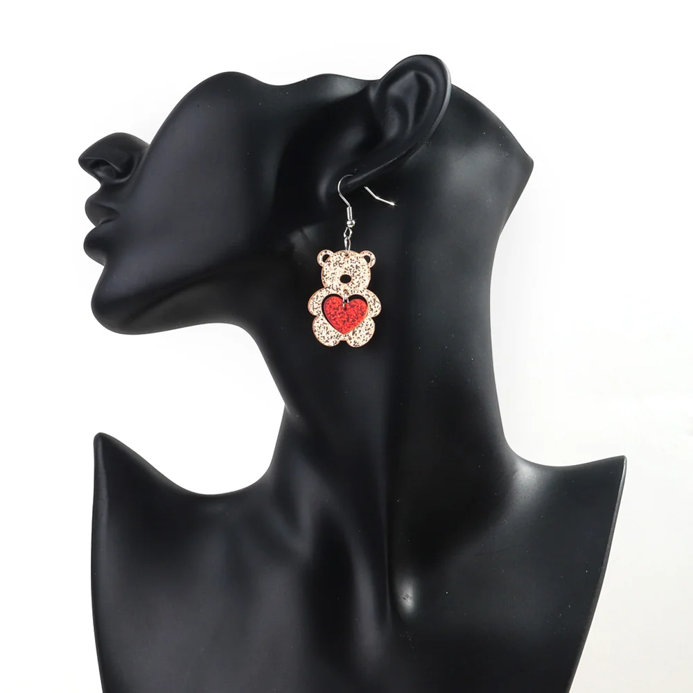 Heart Bear Pendant Earring Valentine's Day Glitter Heart Bear Pendant Earring for Women Girls Acrylic Red Hollow Hat Love Letter Drop Earrings Jewelry Gift