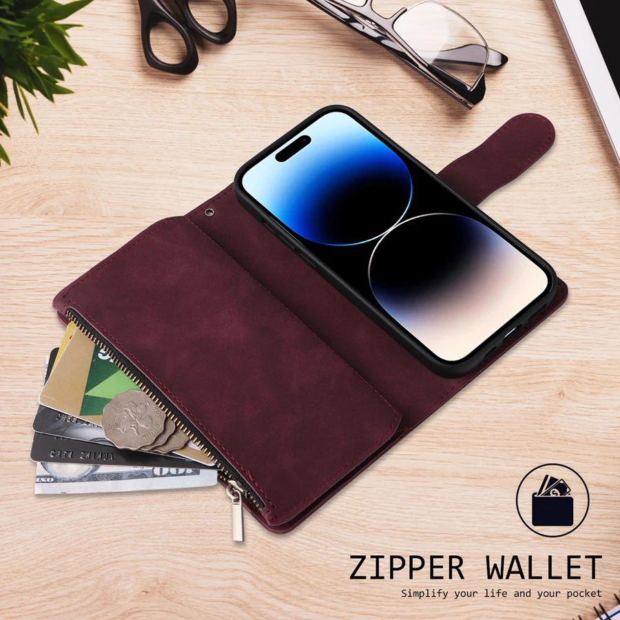 Luxurious Multi-Card Zipper Magnetic Flip Leather Wallet Case