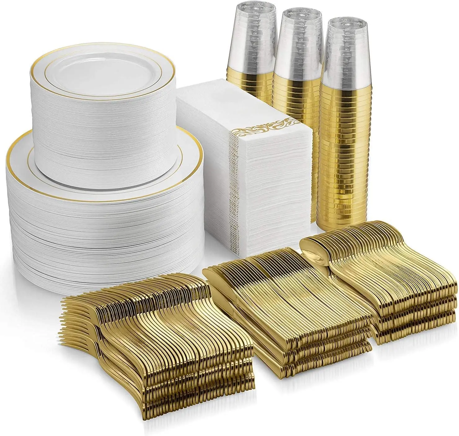 700 Piece Gold Dinnerware Set-200 Gold Rim Plates -300 Silverware 100 Plastic Cups 100 Linen Like Paper