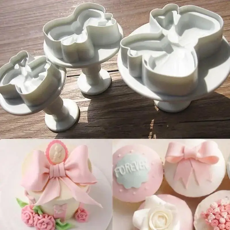 New 2025 DIY Cake 3Pcs/set Kitchen Convenience Small Tools Bow Plunger Sugar Cookies Decor Fondant Icing Bow Cutter Accessories
