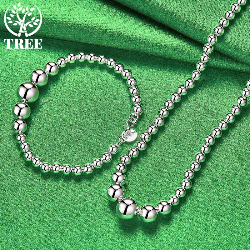 ALITREE 2pcs 925 Sterling Silver Jewelry Set For Women Fashion Three Big Bead Chain Necklace Bracelet Lady Birthday Wedding Gift