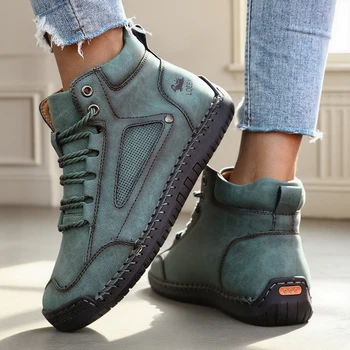 أحذية للنساء أحذية جلدية كبيرة الحجم موضة أحذية الكاحل النسائية اليدوية خياطة جديدة حذاء كاجوال مسطح أحذية رياضية جديدة للنساء 2