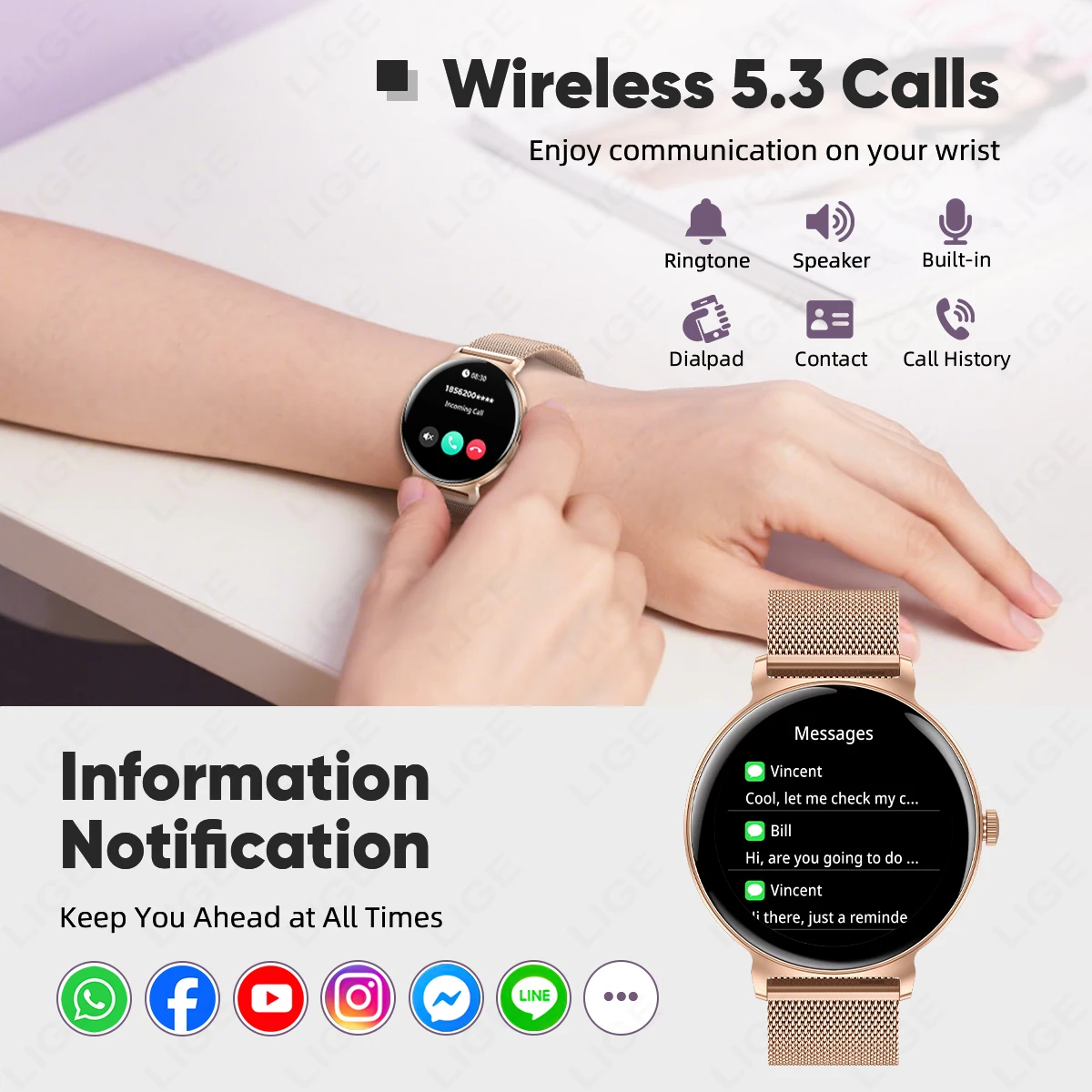 LIGE Ultra-thin Smart Watch Women Custom Dial Sport Heart Rate Health Tracking Watch Bluetooth Call Waterproof Ladies Smartwatch