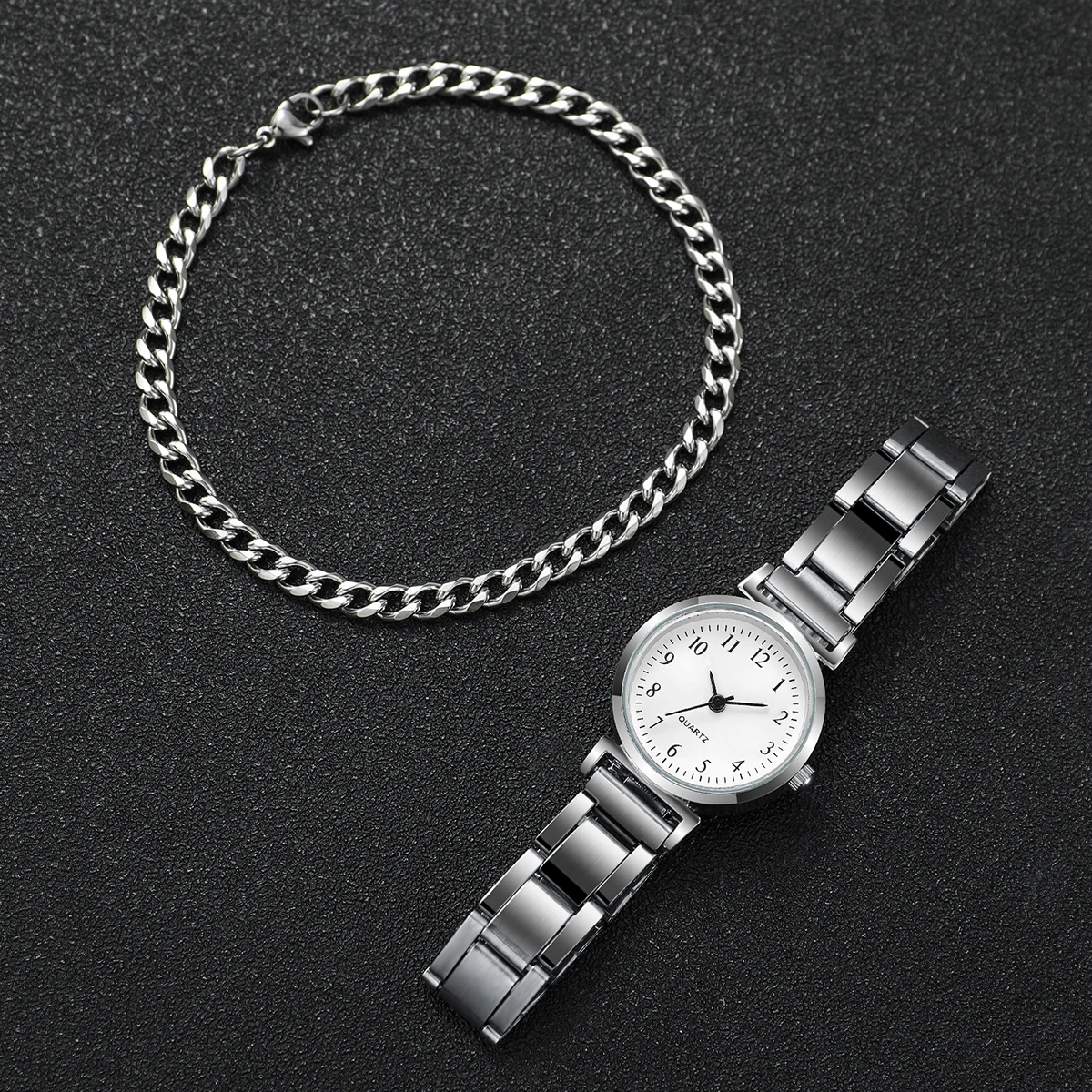 2PCs/Set Women's Watch Fashion Round Dial Stainless Steel Strap Quartz Watch with Silver Bracelet