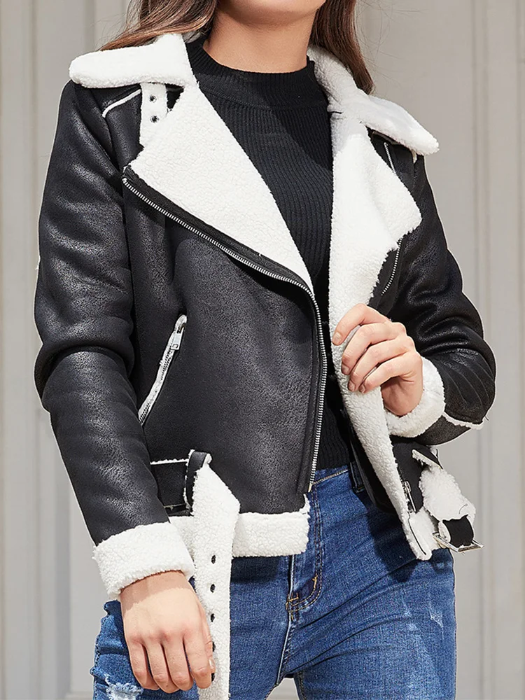 

Fitaylor New Autumn Winter Faux Shearling Sheepskin Motorcycle Coat Women Streetwear Thick Warm Suede Lamb Jacket with Belt