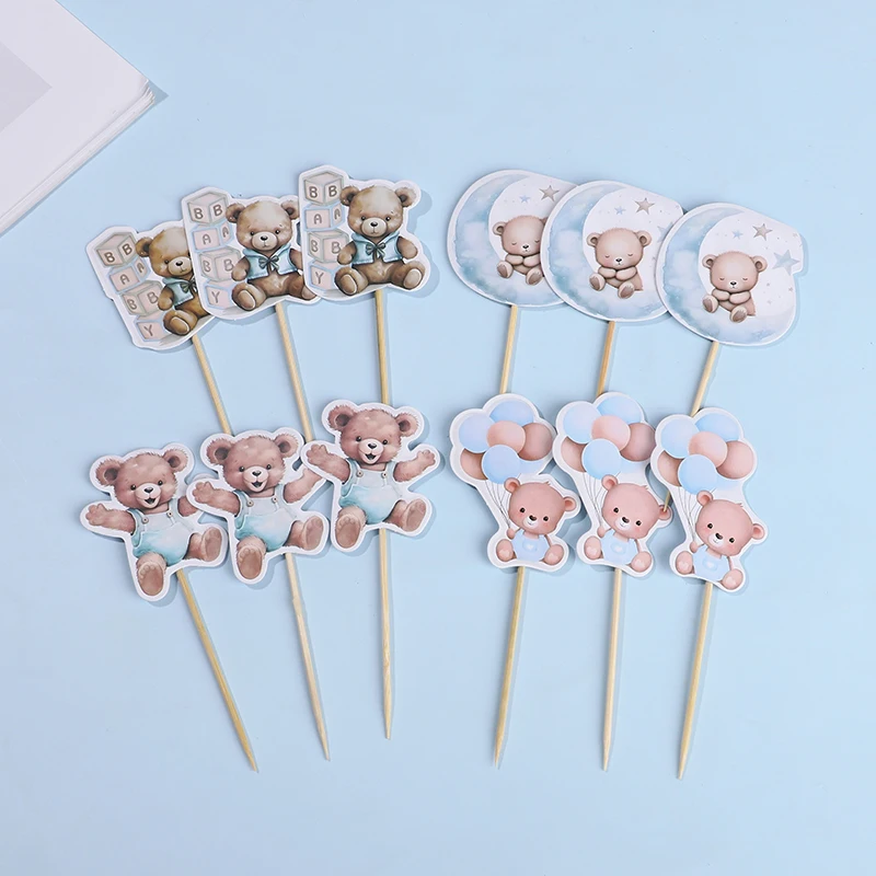 12 Stück Baby-Bär-Cupcake-Topper für Kinder, Jungen, Mädchen, 1. Geburtstag, Party-Dekoration, blau, rosa, Babyparty-Gefälligkeiten, Kuchen-Dessert-Picks – Detail 2