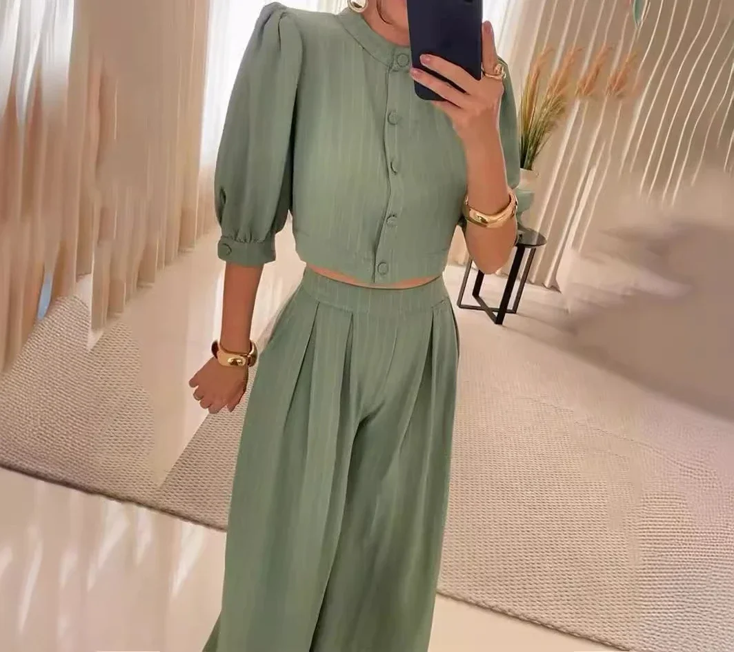 2 Piecee Womens Outfits Mid Sleeved Top and Pants Sets New Fashion Stripe Y2k Trousers Suit for Female Streetwear 2024 Summer