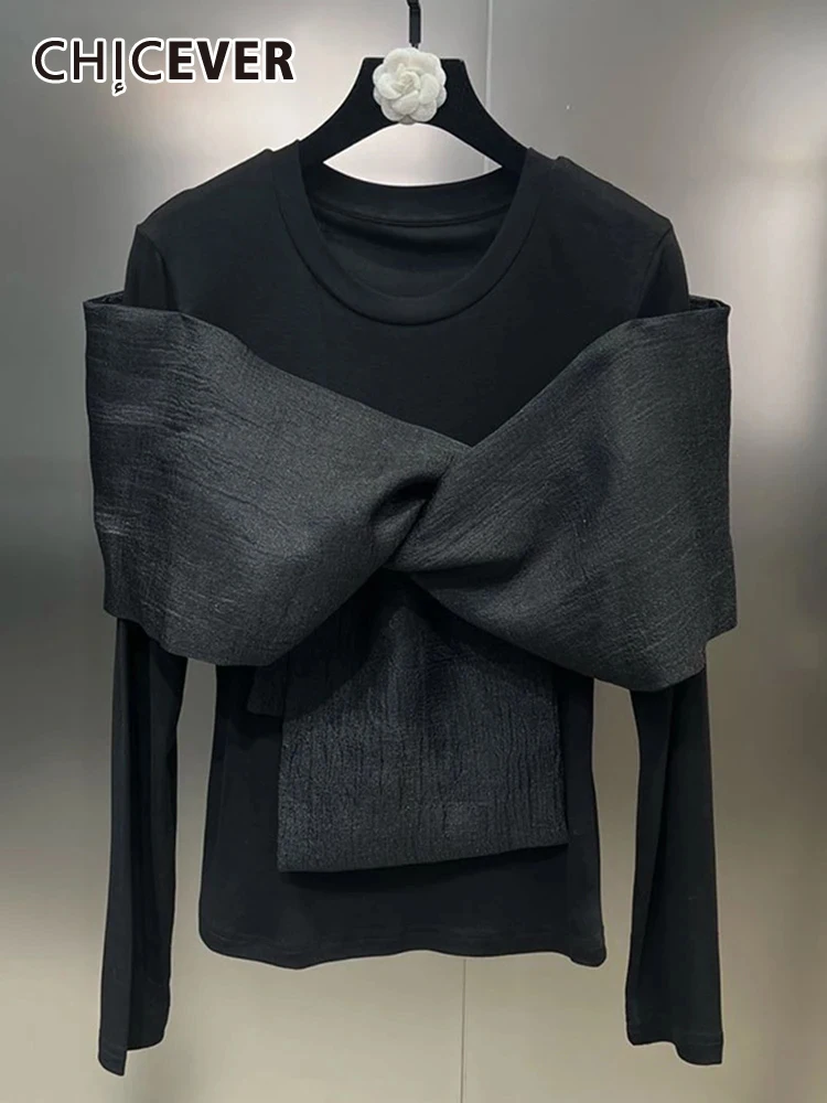 

CHICEVER Casual Solid T Shirts For Women Round Neck Long Sleeve Patchwork Bowknot Minimalist Slim T Shirt Female Autumn Clothing