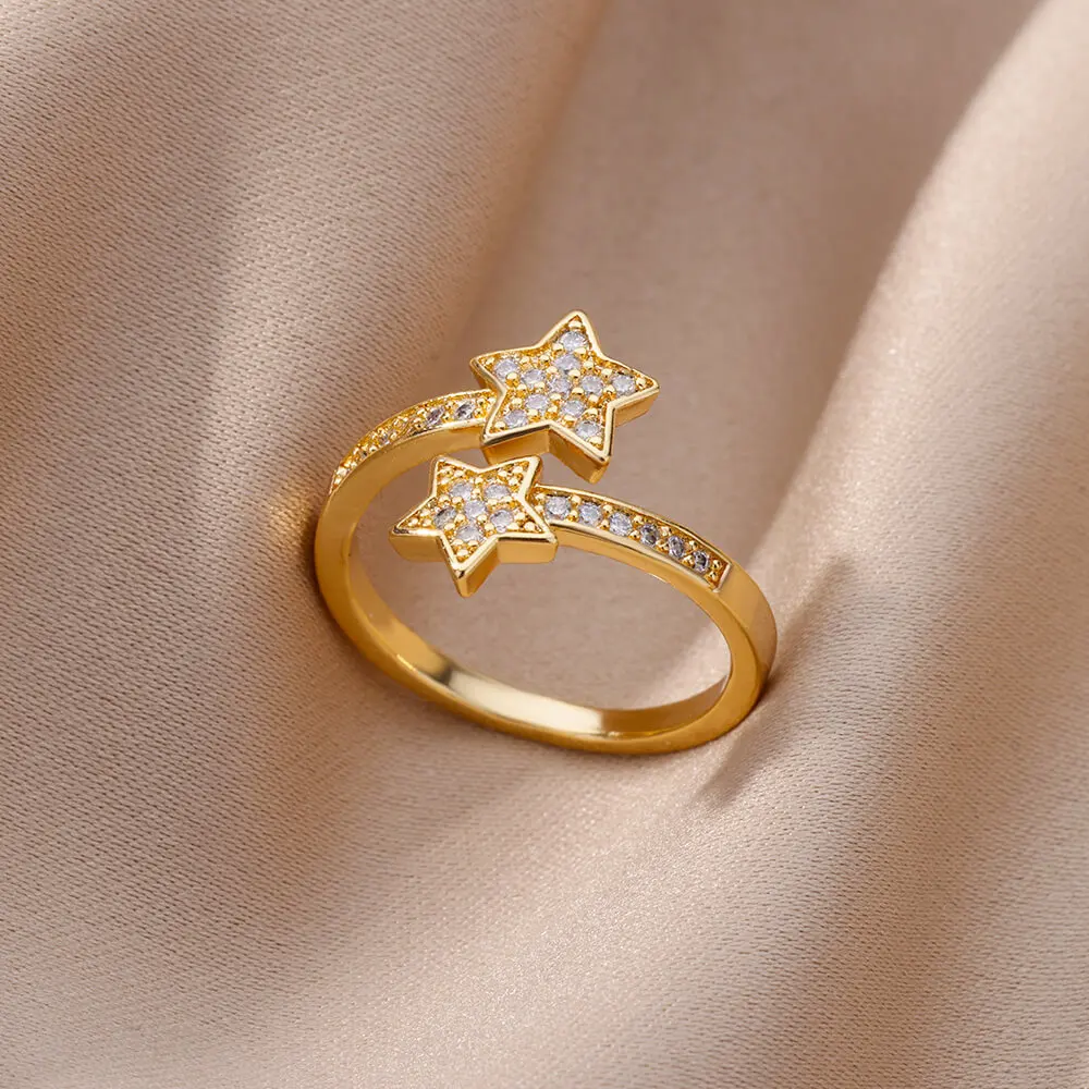 Zircon Double Star Rings Gold Color Stainless Steel Opening Stars Finger Ring