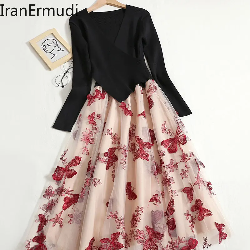 

IranErmudi vintage women mesh flower long dress autumn winter patchwork knitted party dresses slim elegant vestidos 2022