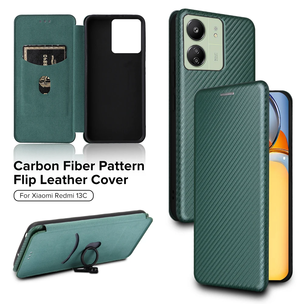 

Чехол для Xiaomi Redmi 13C 4G, кожаный флип-чехол из углеродного волокна, Fundas Redme 13 C C13 Redmi13C, чехол-книжка с кольцом и подставкой, кошелек для карт, бампер