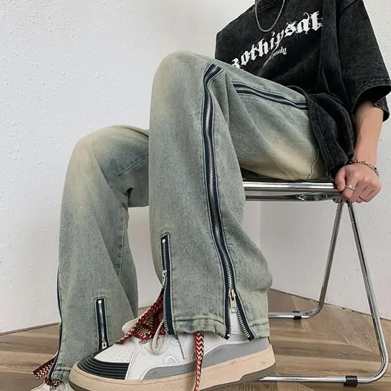 thumbnail image 1 of Pantalones punk con bolsillos, pantalones vaqueros de hip hop para hombre, pantalones vaqueros rectos para hombre, lavados apilados, moda 2024, Y2k, vintage, originales, nuevos, 1 of 5