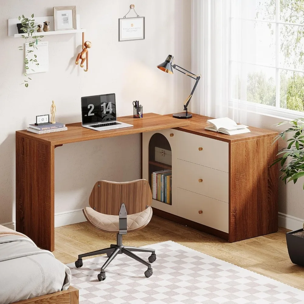 Computer Desk L Shaped with Drawers, Modern Corner Home Office Desk with Reversible Storage Cabinet, Long Study Writing Desk 2