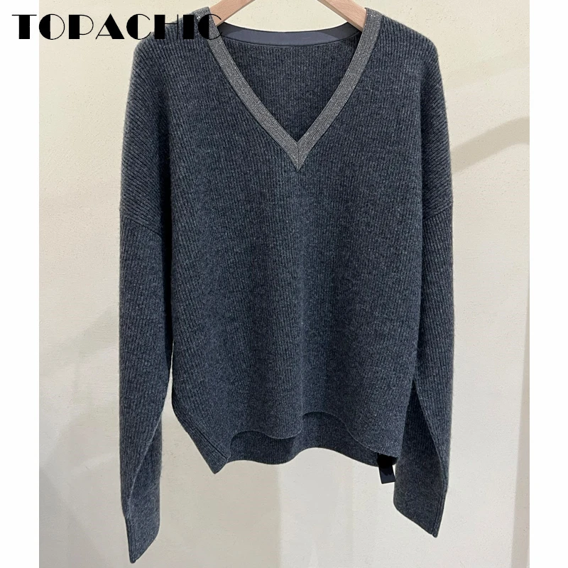 

10.26 TOPACHIC Women's Luxury Temperament V-Neck Bead Chain Loose Thick Cashmere Knitted Pullover Sweater