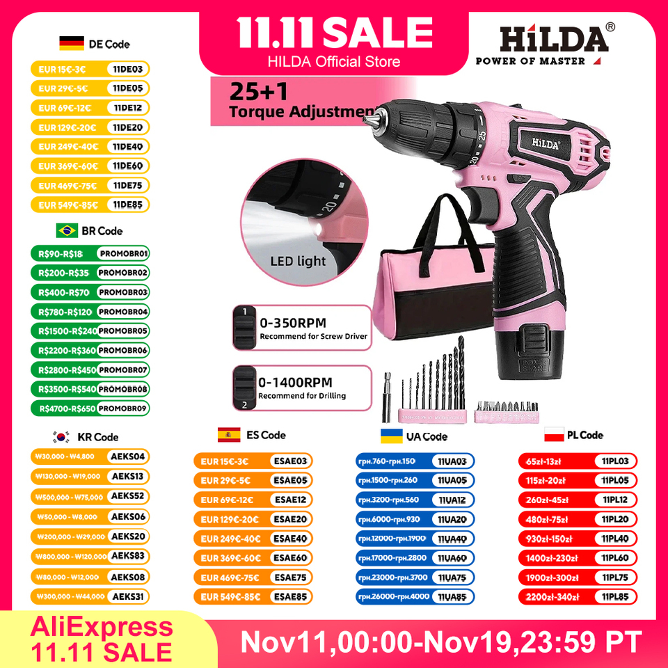 HILDA Electric Drill 12V Cordless Drill Electric Screwdriver Mini Wireless Power Driver DC Lithium-Ion Battery