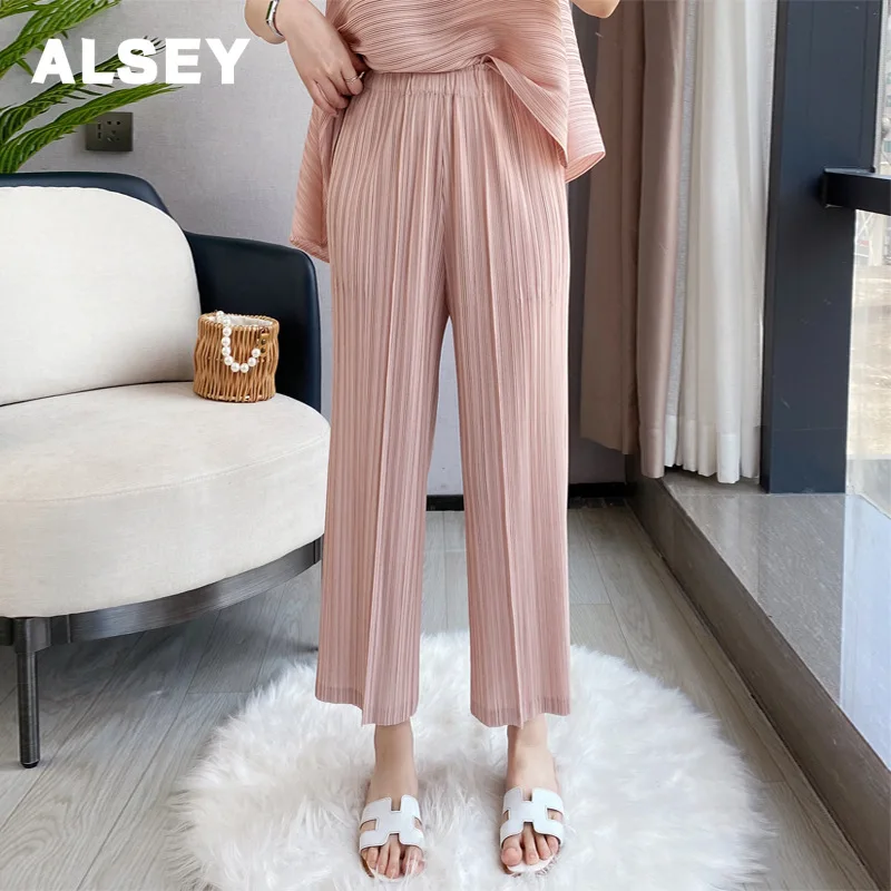 ALSEY 미야케 플리츠 여성용 얇은 섹션 캐주얼 와이드 레그 팬츠, 슬림 하이 웨이스트 드레이핑 스트레이트 래디시 하렘 팬츠, 여름 신상