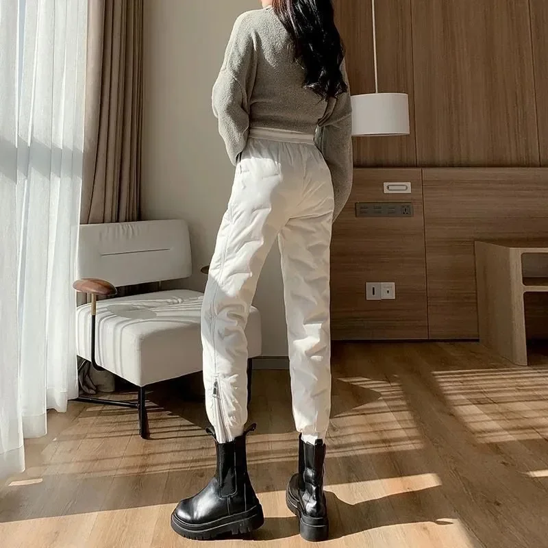 Warm Thicken Side Zip Down Cotton Straight Pant Casual Thick Winter Snow Wear Windproof Pantalones New Fluffy High Waist Spodnie
