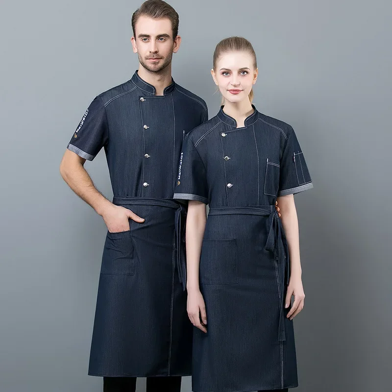 Denim Chef Work Uniform Short Sleeves Summer Hotel Restaurant Catering Bakery Post-Kitchen Workwear Men's Chef Outfit