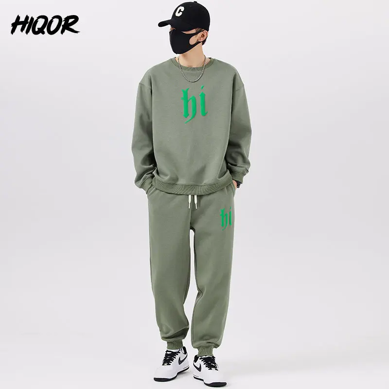 HIQOR-캐주얼 가을 겨울 패션 운동복 2 피스 남성용, 스트리트웨어 프린트 라운드넥 의류, 녹색 블랙 스포츠웨어