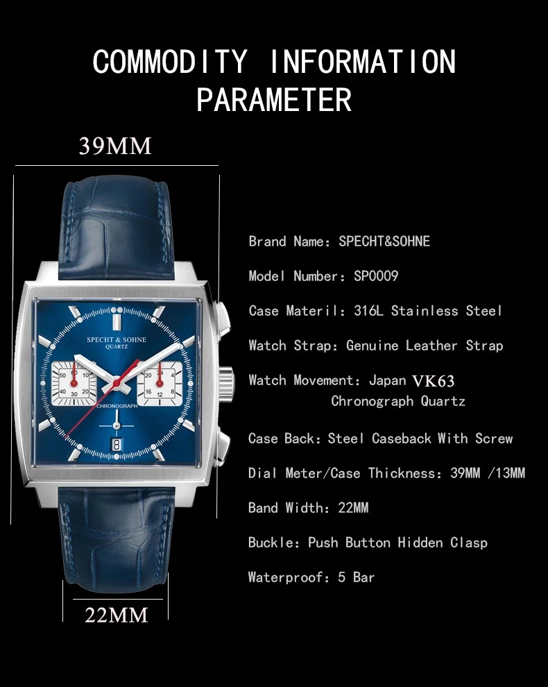 Specht&Sohne New 39MM Mens Watches Japan Multi-function Chronograph Quartz Wristwatch Luminous Black Leather 30M Waterproof