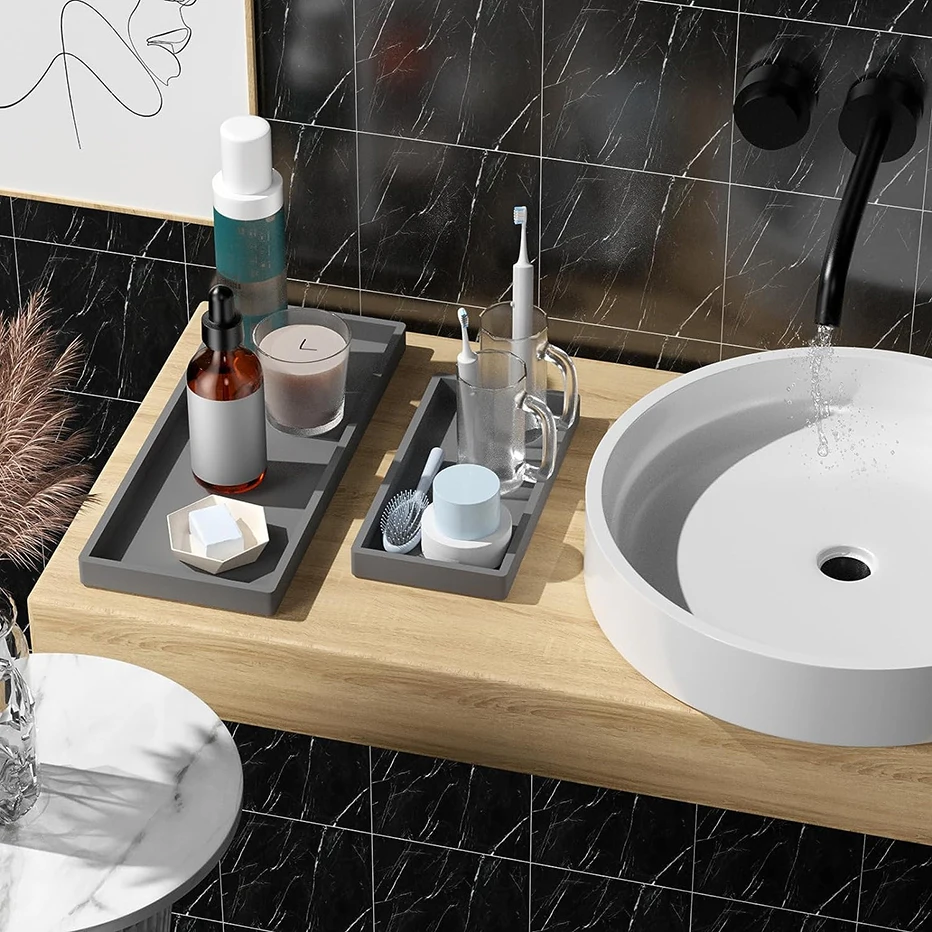 New 2Pcs Bathroom Vanity Tray Shatterproof Silicone Bathroom Tray Non-Slip  Bathroom Rectangle Countertop Storage Organizer Space - AliExpress