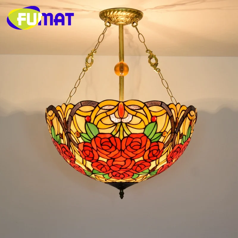 

FUMAT Tiffany American Garden style rose hanging light Art Deco Living Room Dining Room Bedroom glass inverted pendant light