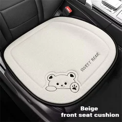 Luxury Linen Cartoon Bear Car Seat Cushion - Women's Cute Anti - Slip & Breathable Protective Cover (Beige Front seat)