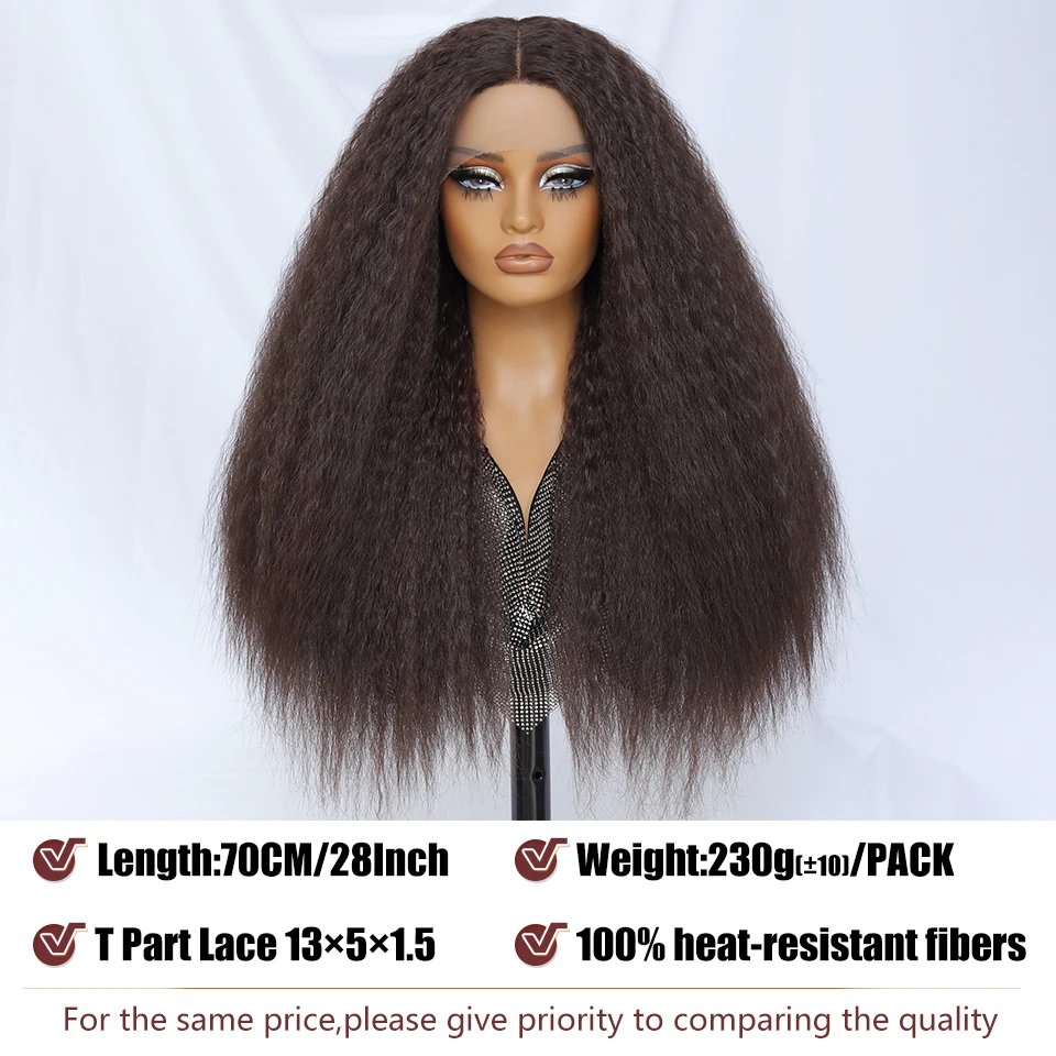 Synthetic Kinky Straight Lace Front Wig 28Inch T-Part 13x5x Long Lace Wigs Afro Yaki Straight Wigs Ombre Black Brown For Women