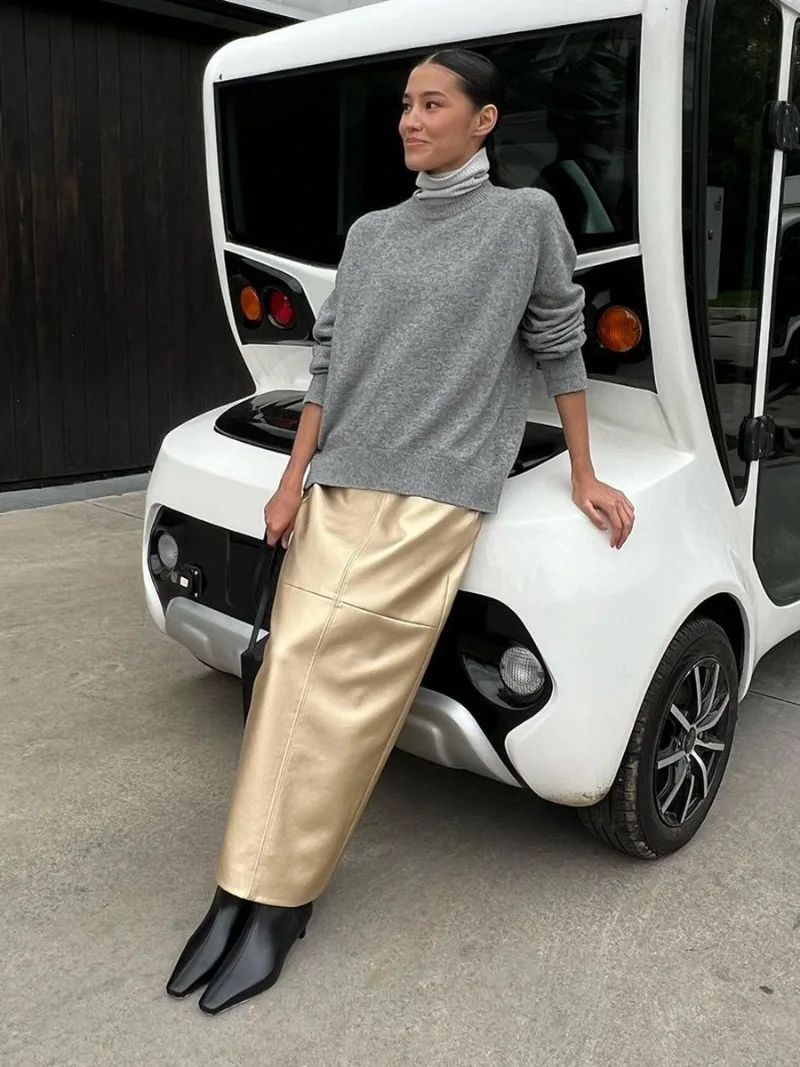 Slit PU Skirts For Women 2025 Spring New Slim Y2K Sheath Skirt Femme Street Solid Casual Fashion Elegant Skirts Womens