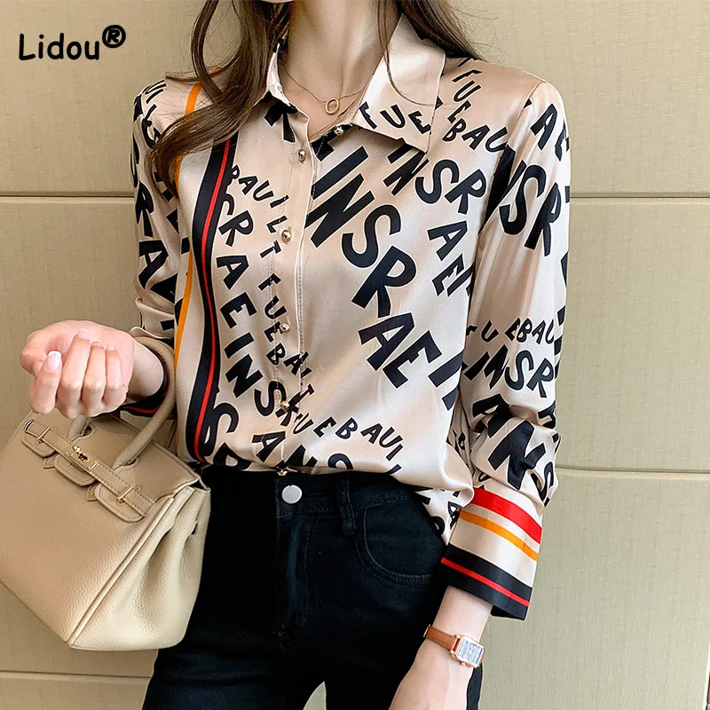 Fashion Turn-down Collar Women Blouses 2022 Spring New Cardigan Button Letter Printing Long Sleeve Top Casual Slim Chiffon Shirt