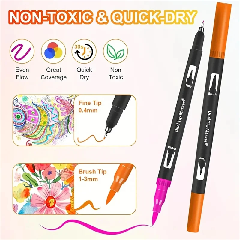 Dual Brush Markers Pens, 72/168 Colors Dual Tip(Fineliner & Brush) Art Markers Brush Tip Coloring Books No Bleeding