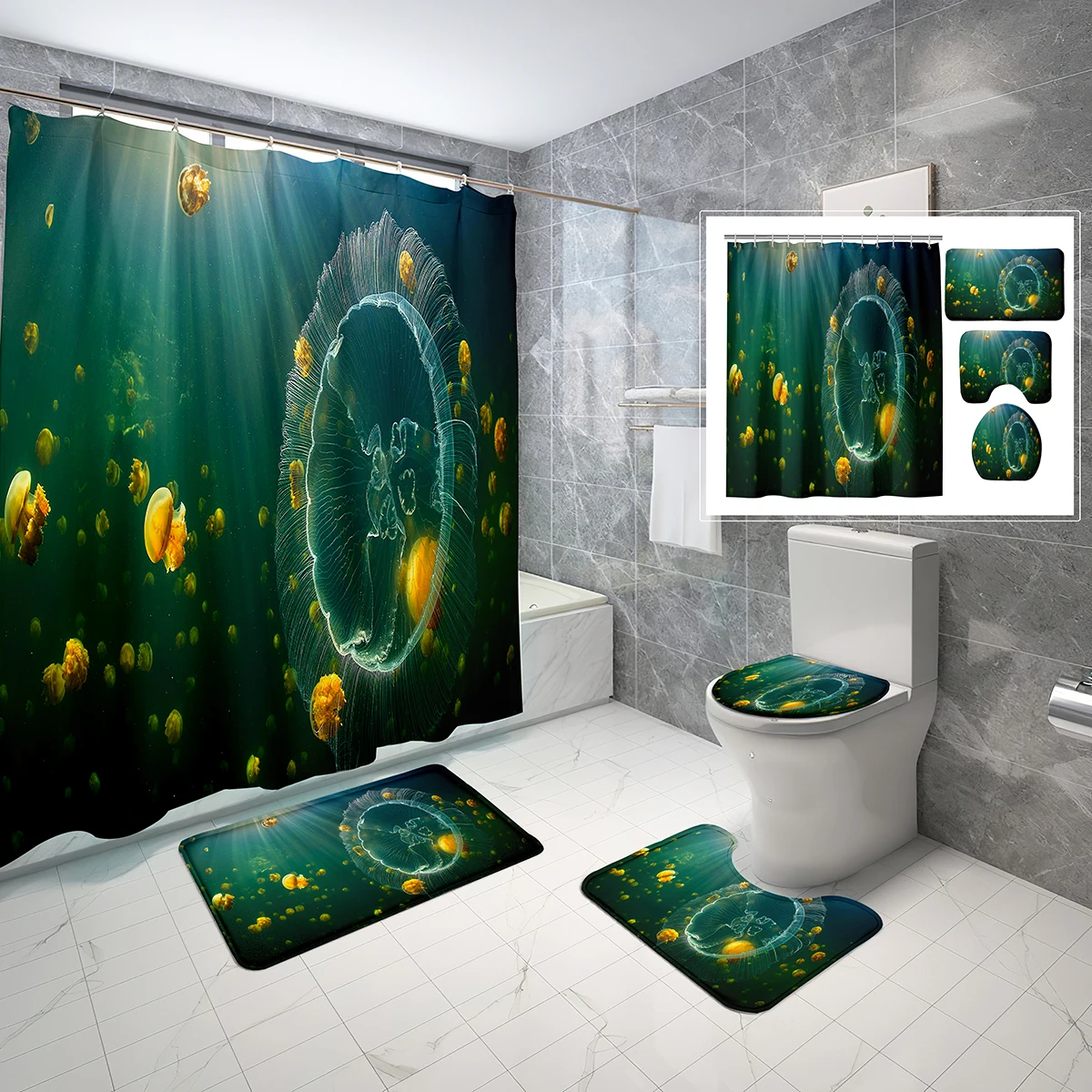 

4 Pcs Shower Curtain Set Sea Life Jellyfish Theme Shower Curtain Bathroom Non-Slip Bath Mat Toilet Cover Shower Curtain Set