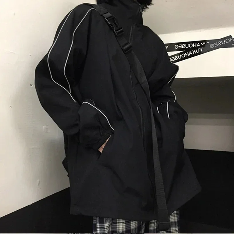 Women's Autumn Casual Full with Black Loose Korean Clothing Classic Retro Outerwear Fashion Korean Style Reflective Jacket